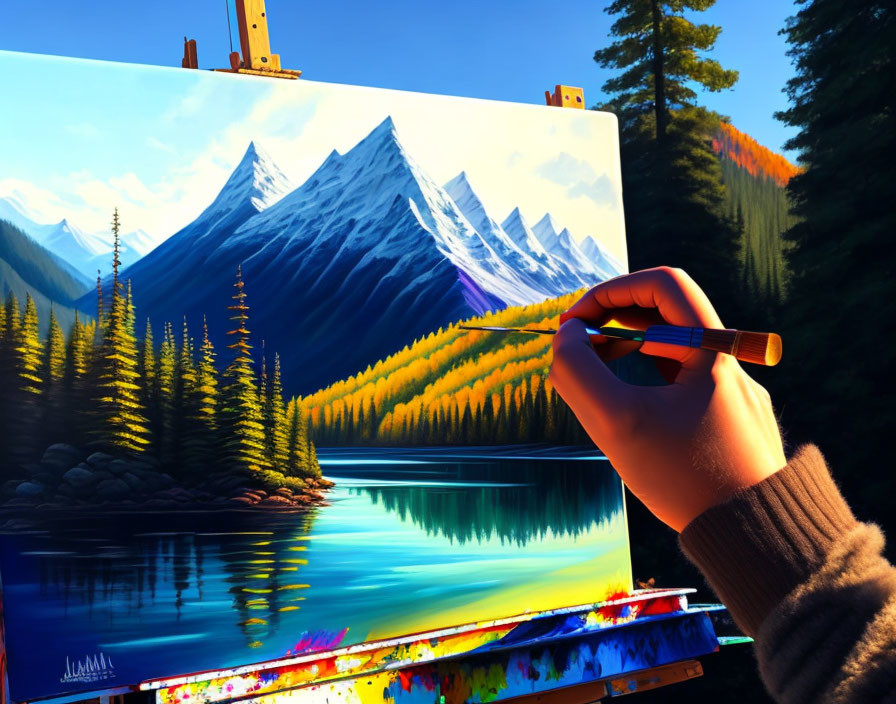 Artist adding details to vibrant landscape painting with mountains, evergreens, lake, blue sky