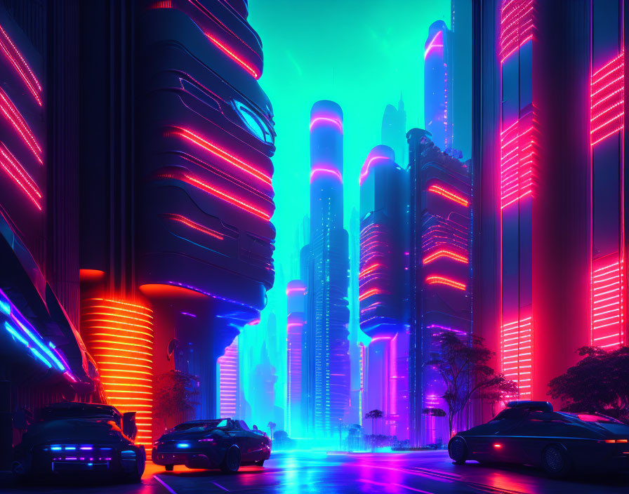 Cyber city with neon lights