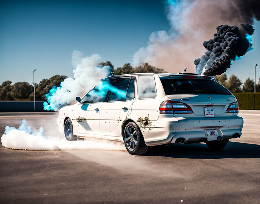 White Car Creates Thick Blue Smoke in Burnout Display
