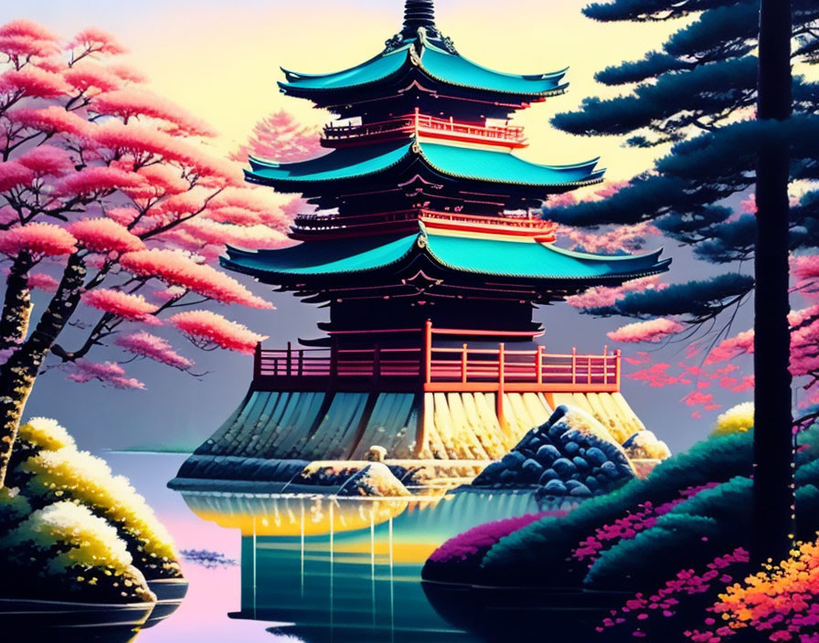 Traditional Pagoda Surrounded by Pink Trees Reflected in Tranquil Water with Neon Glow