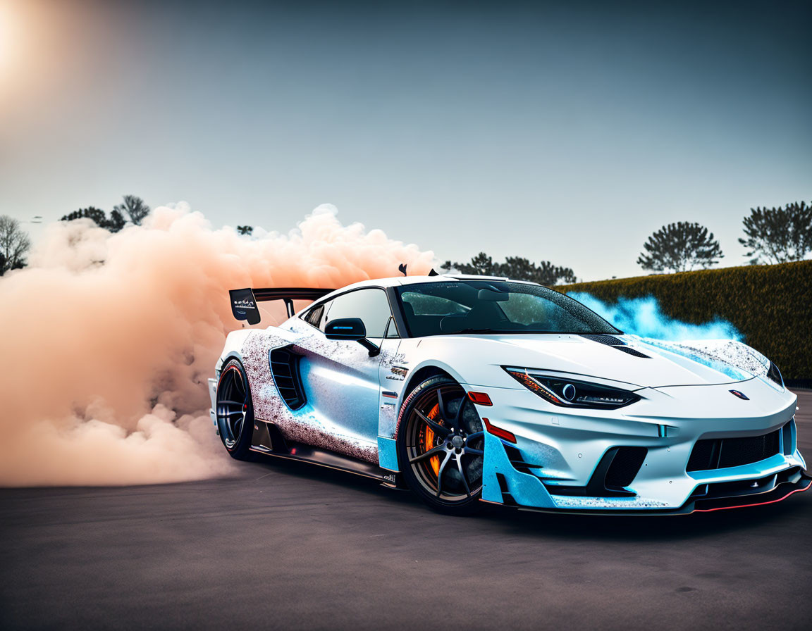Modified sports car emits large smoke plume on track in white and blue color scheme