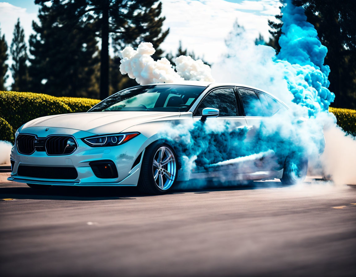 BMW car burnout creates blue smoke with trees and clear sky