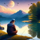 Person fishing by serene lake at sunset with mountains, dog, birds, and autumnal trees.