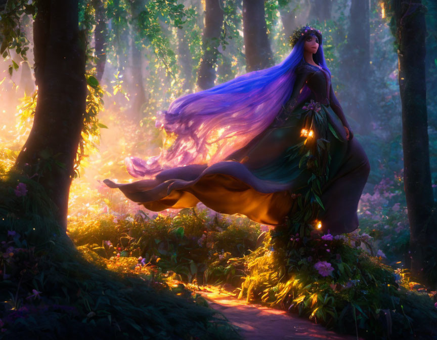 Mystical figure with purple hair in enchanted forest