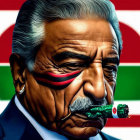 Elderly man with flag-colored face paint smoking a cigar against flag-themed backdrop