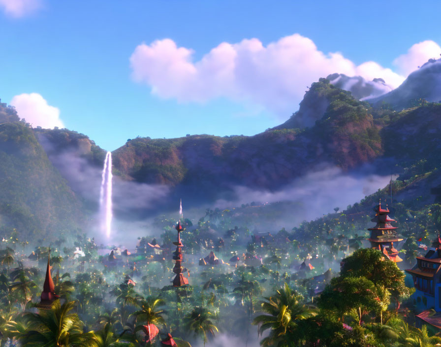 Tranquil animated landscape with waterfalls, mountains, and Asian architecture
