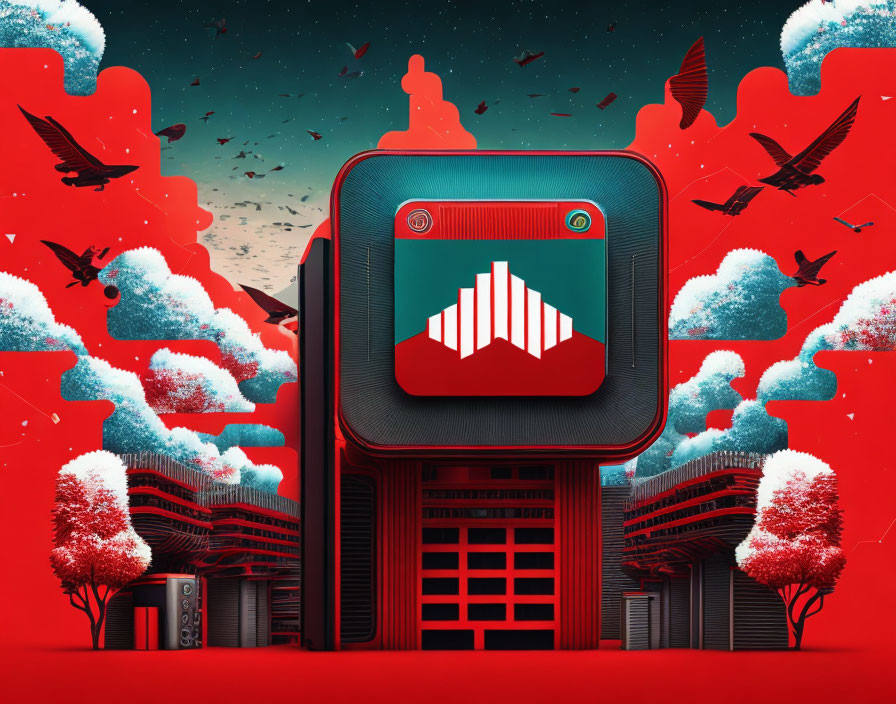 Surreal red landscape with frosted trees, traditional buildings, and giant retro TV display.