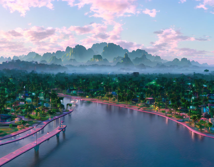 Tranquil tropical river town at dawn with bridge, greenery, and mountains
