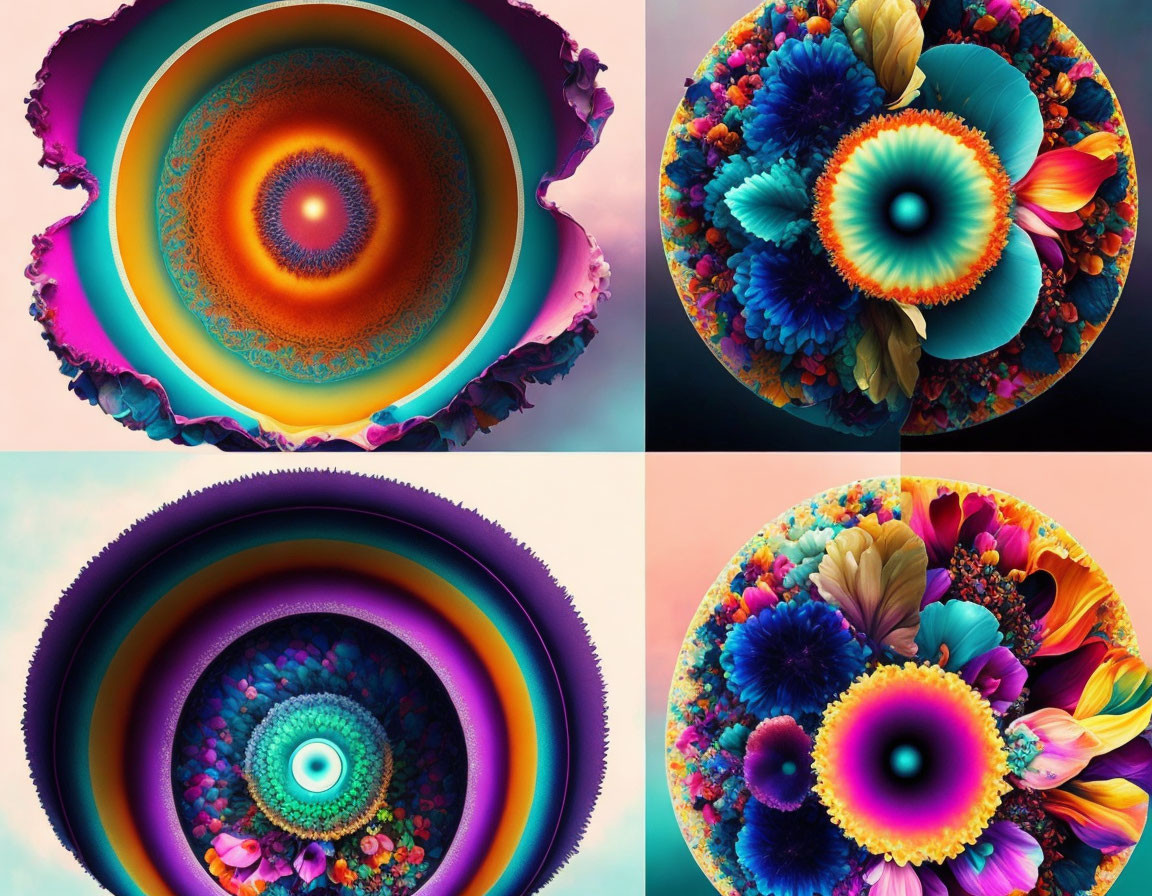 Four Vibrant Fractal Art Images with Elaborate Flower-Like Patterns