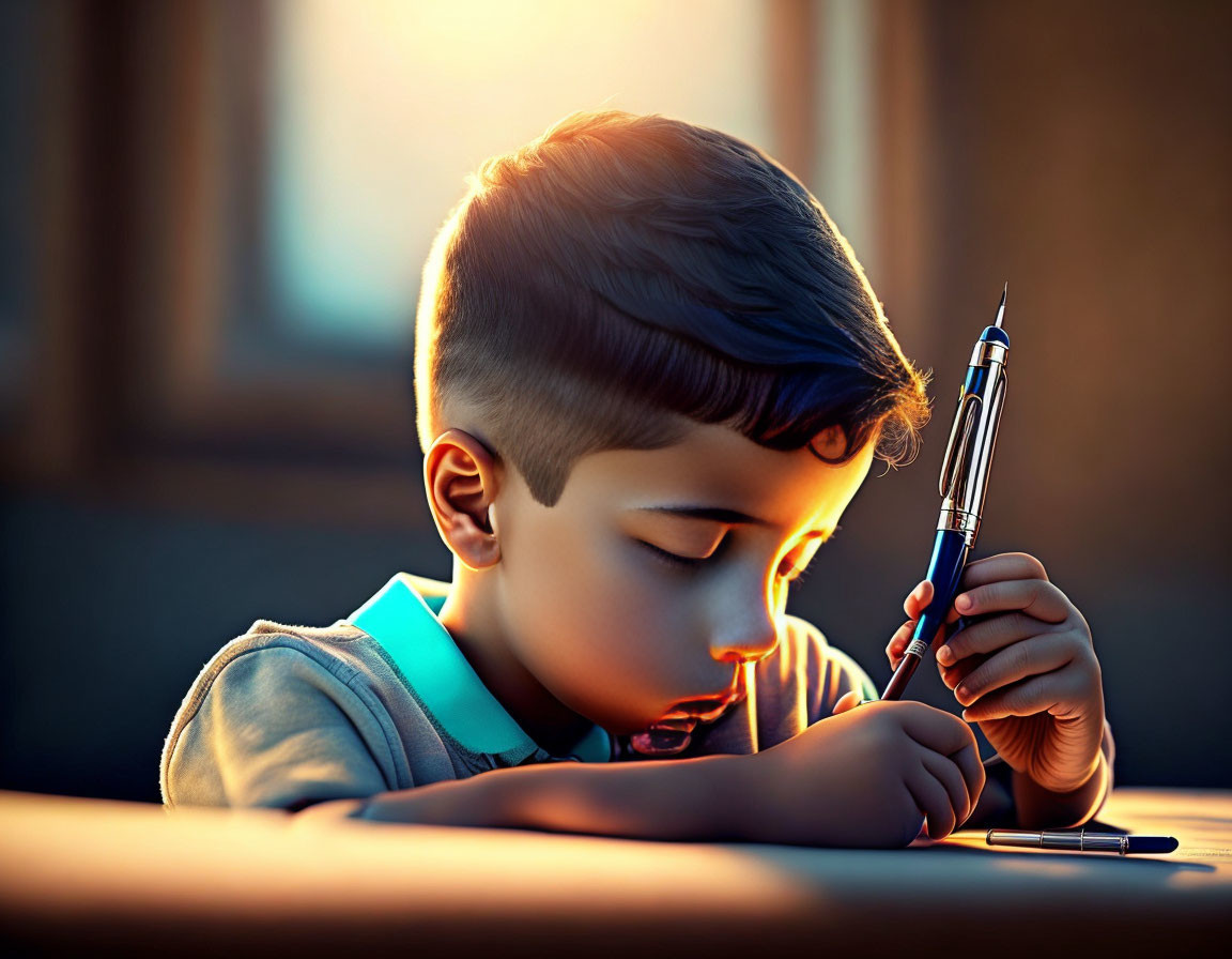 Young boy writing with pen in warm sunlight