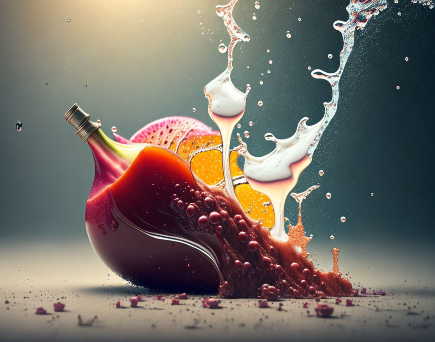 Perfume bottle with citrus slices and liquid splash on gradient background