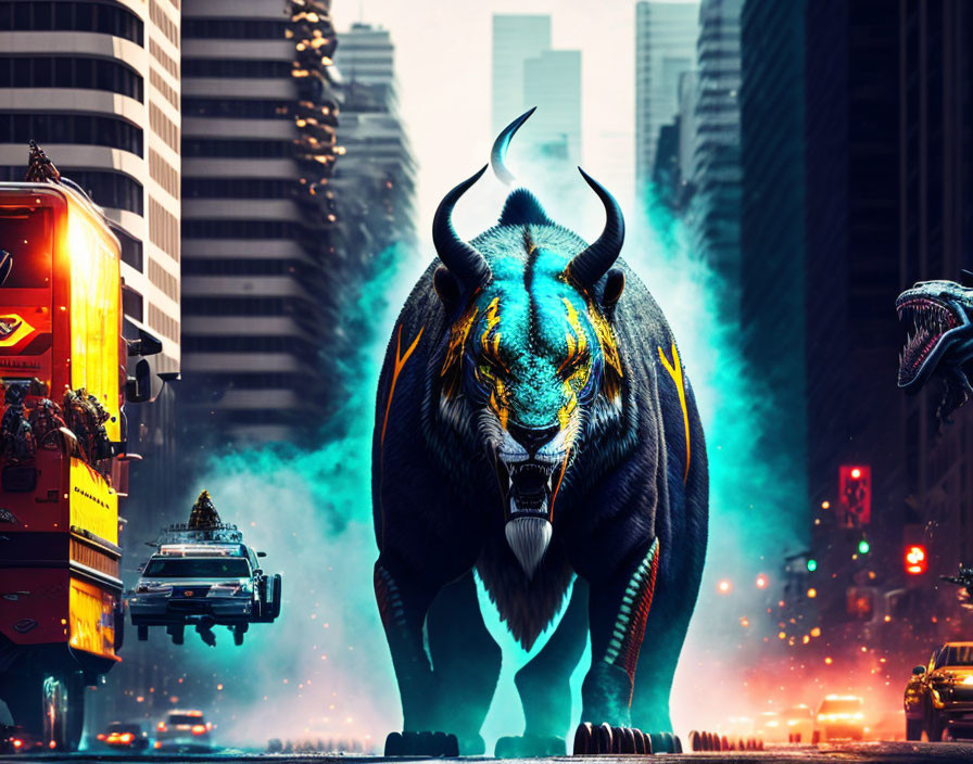 Glowing bull amidst chaotic city street with vehicles and dinosaur head