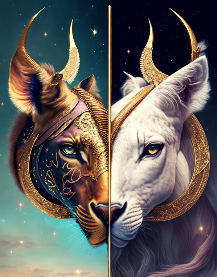 Lion and bull with human-like eyes and headdresses in split image against starry night sky representing