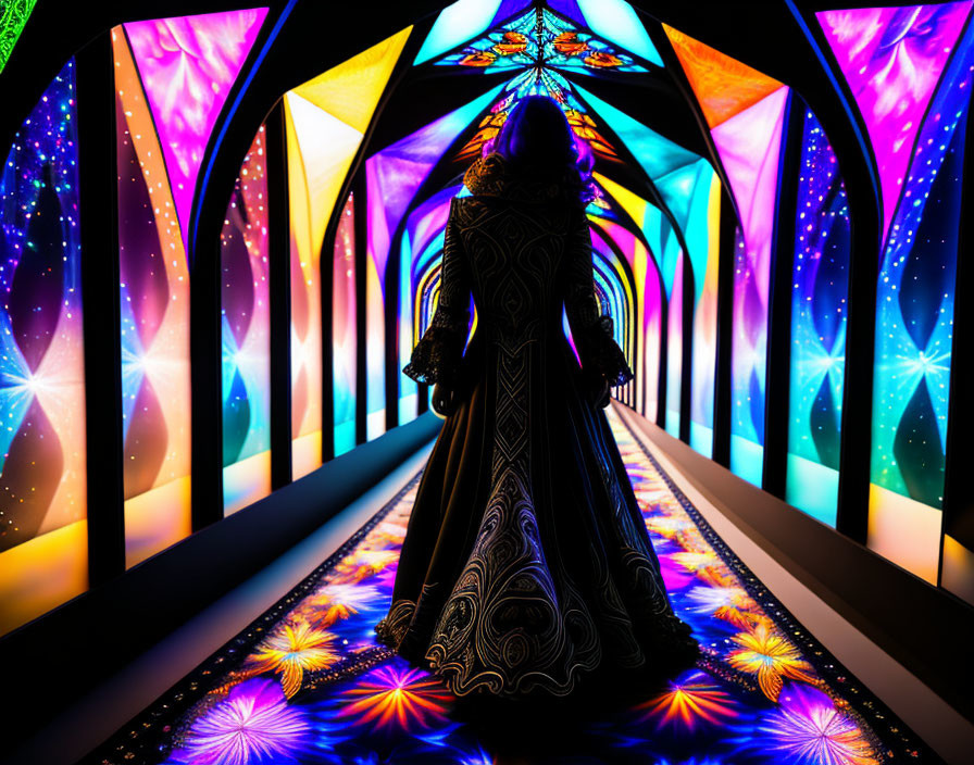 Person in Patterned Cloak in Vibrant Kaleidoscopic Tunnel with Stars and Florals