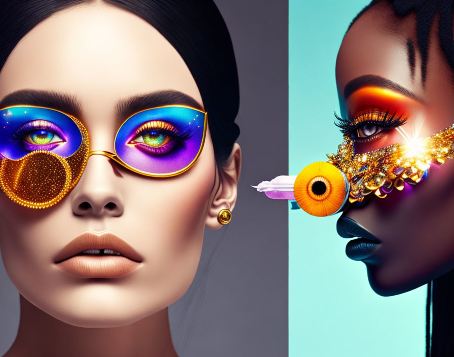Vibrant digital art of two women with artistic makeup and embellished eyewear