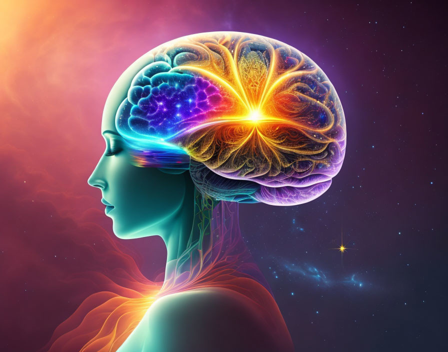 Colorful human profile with luminous brain symbolizing creativity.