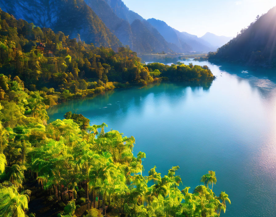 Tranquil landscape: turquoise river, lush valley, tall mountains
