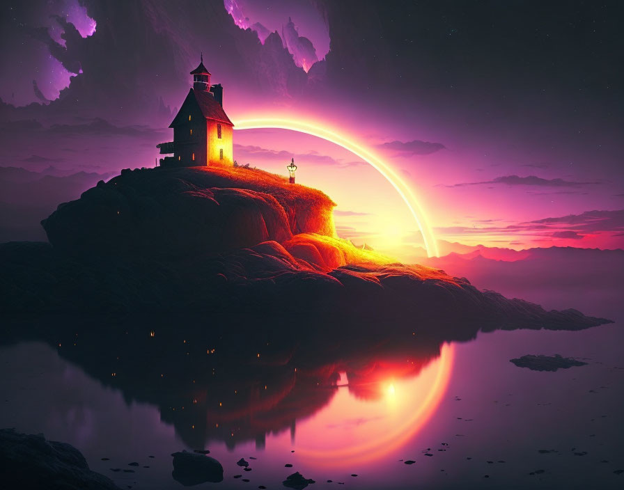 Person near lighthouse on hill under purple sky with crescent moon.