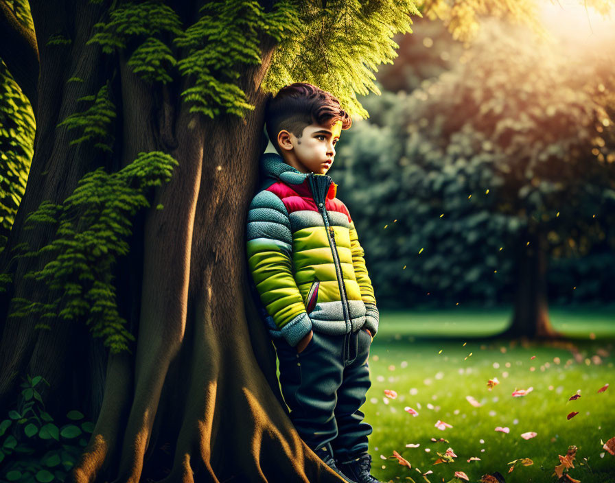 Young boy standing by tree in warm sunlight with autumn leaves.