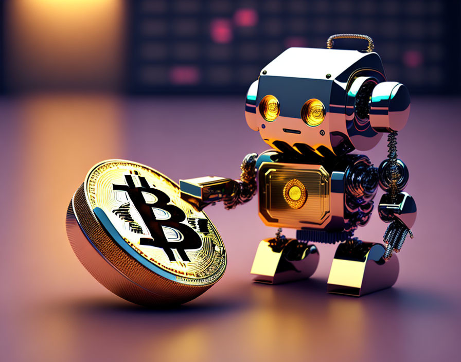 3D humanoid robot holding Bitcoin in digital background