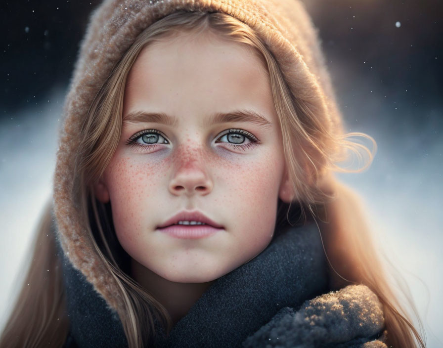 Young girl with blue eyes and freckles in hat and scarf against snowy backdrop
