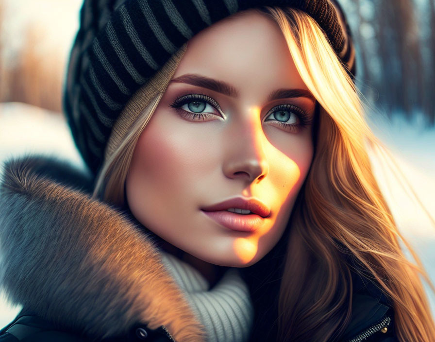 Blonde woman with blue eyes in winter attire in snowy scene