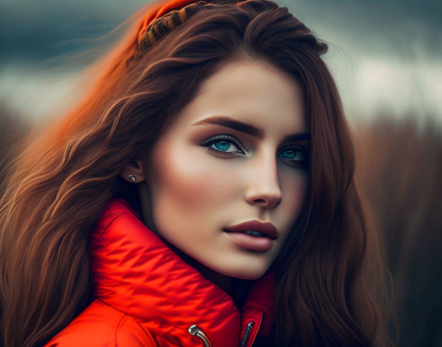 Vibrant red-haired woman in red jacket against blurred natural backdrop