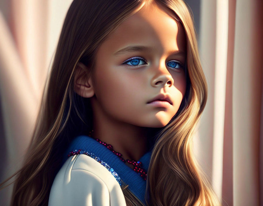 Young girl digital artwork: blue-eyed, brown-haired, gazing aside in sunlight-filtered room