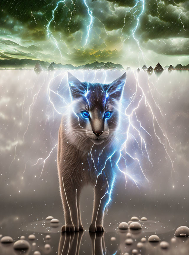 Blue-Eyed Cat Surrounded by Lightning in Stormy Skies and Reflective Water