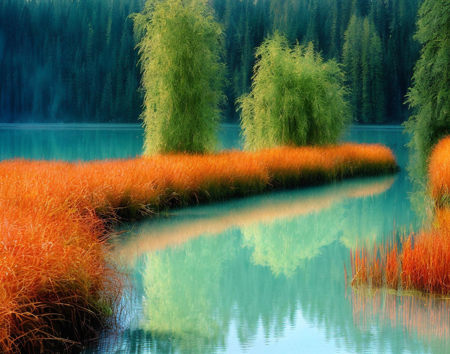 Tranquil Lake Scene with Red-Orange Grass and Willow Trees