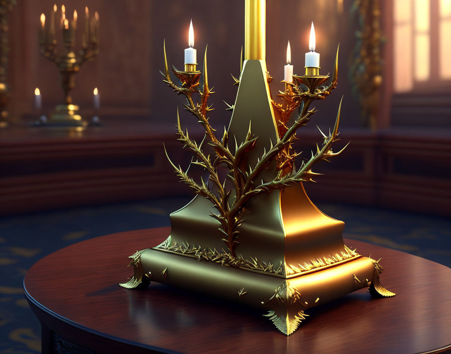 A brass lectern shaped as thorns with candles