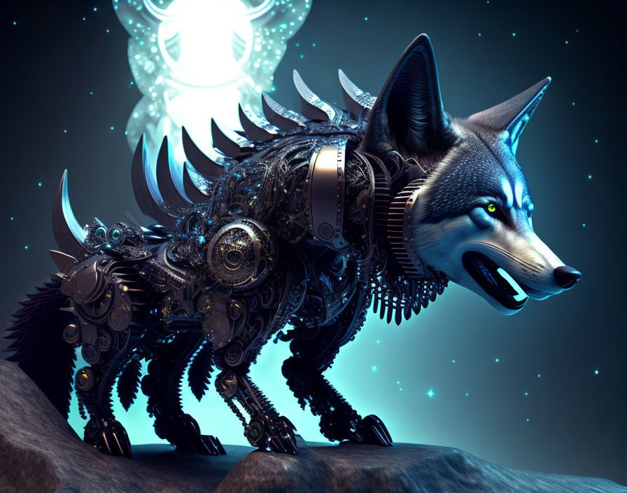 Mechanical wolf digital art with glowing blue eyes and cybernetic armor