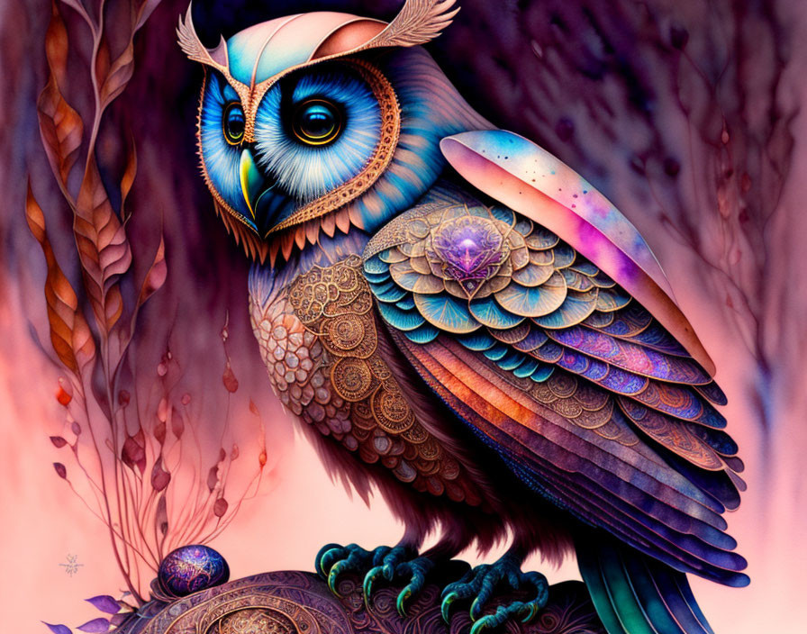 Colorful Owl Illustration with Intricate Patterns in Whimsical Forest