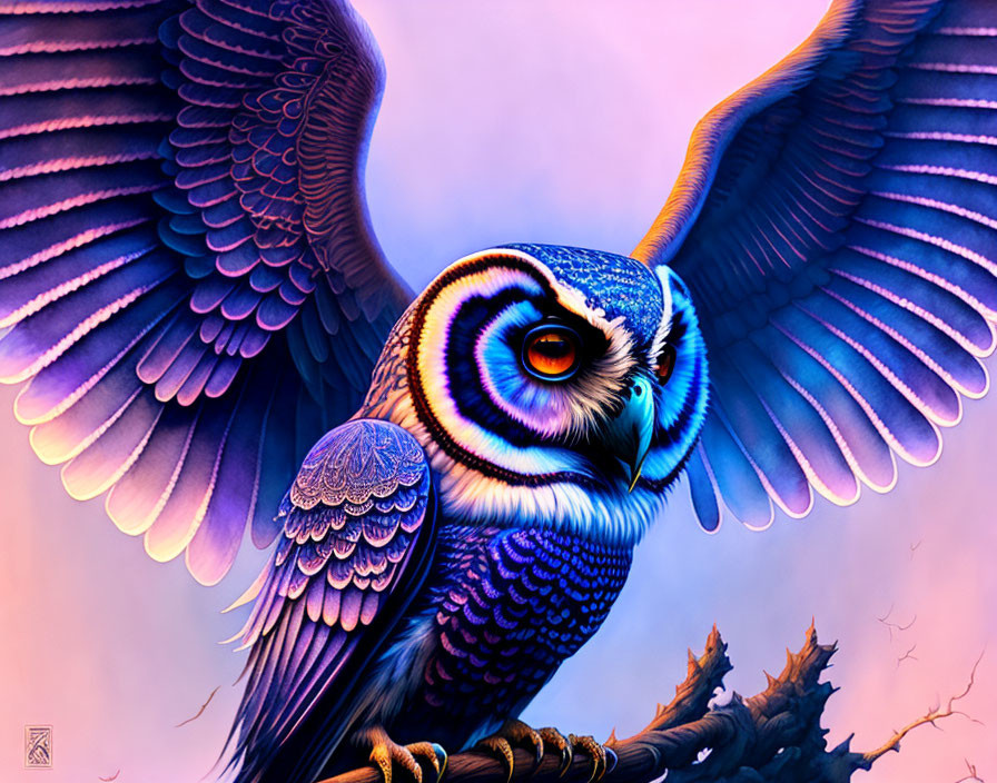 Colorful Stylized Owl Image with Spread Wings and Intricate Patterns