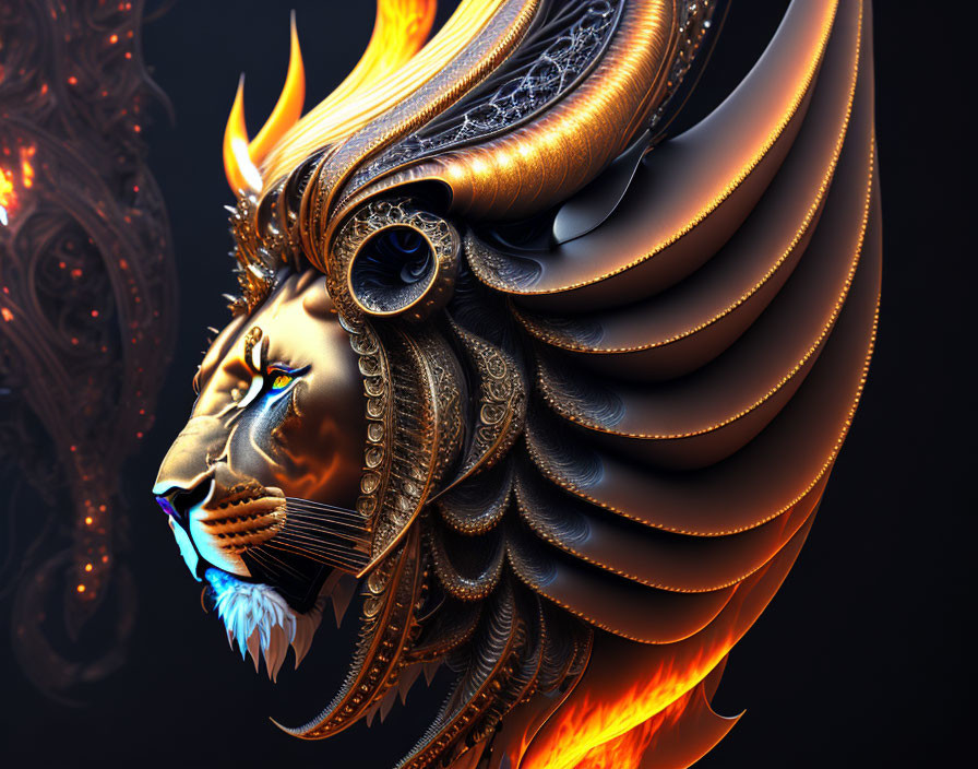 Majestic lion digital art with golden mane and fiery blue-orange flames