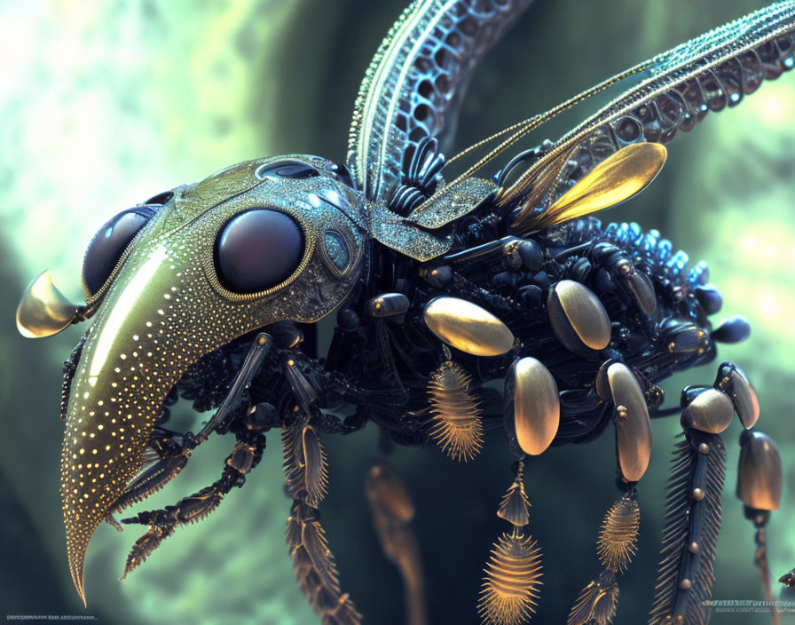 Detailed computer-generated image of a robotic insect with metallic exoskeleton on green background