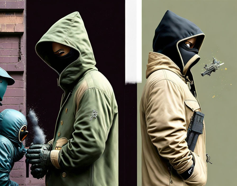 Two individuals in futuristic hoodies and masks with a dust-blowing gesture and a small drone.