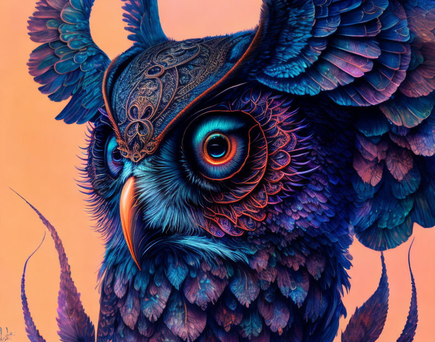 Detailed illustration of vibrant owl with intricate patterns and large red eye on soft background.