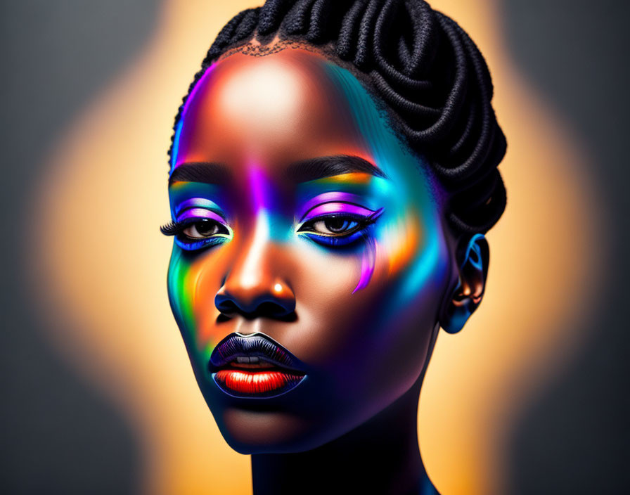 Rainbow-colored lighting highlights woman's portrait on neutral background