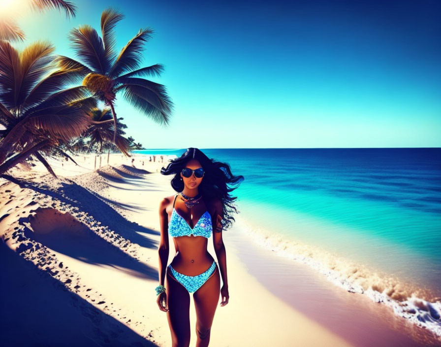 Woman in Blue Bikini on Sandy Beach with Palm Trees and Clear Blue Sky