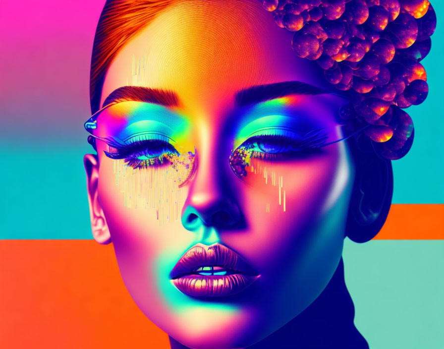 Colorful portrait of woman with multicolored lighting and glitter under eyes