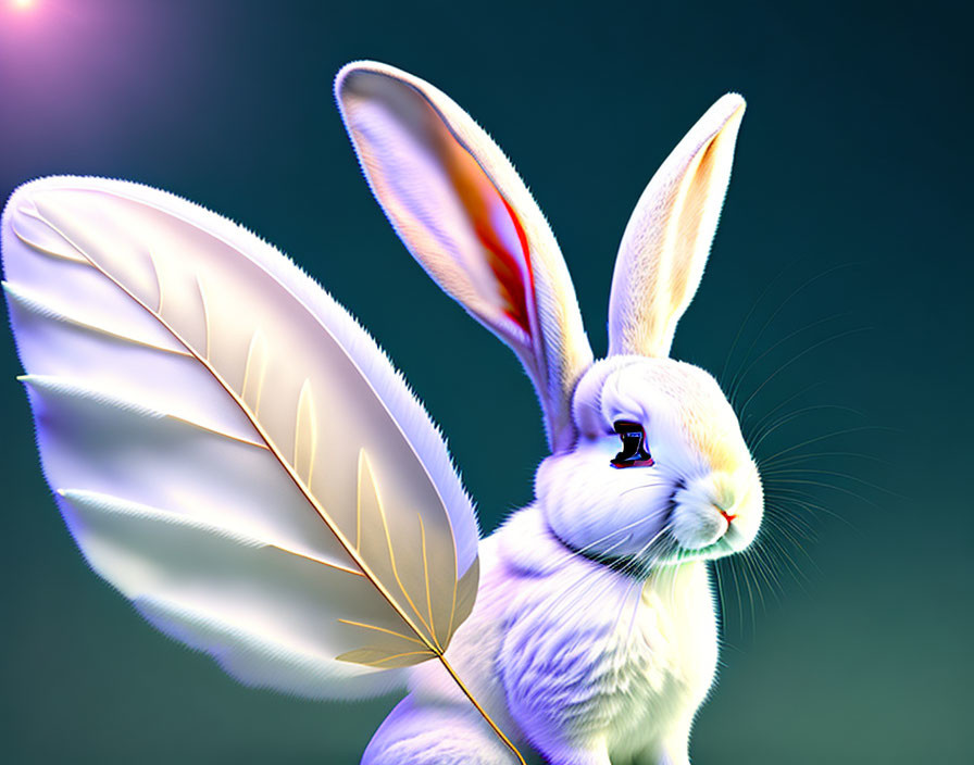 White Rabbit with Feather-Like Ears and Leaf Wing on Blue-Green Background