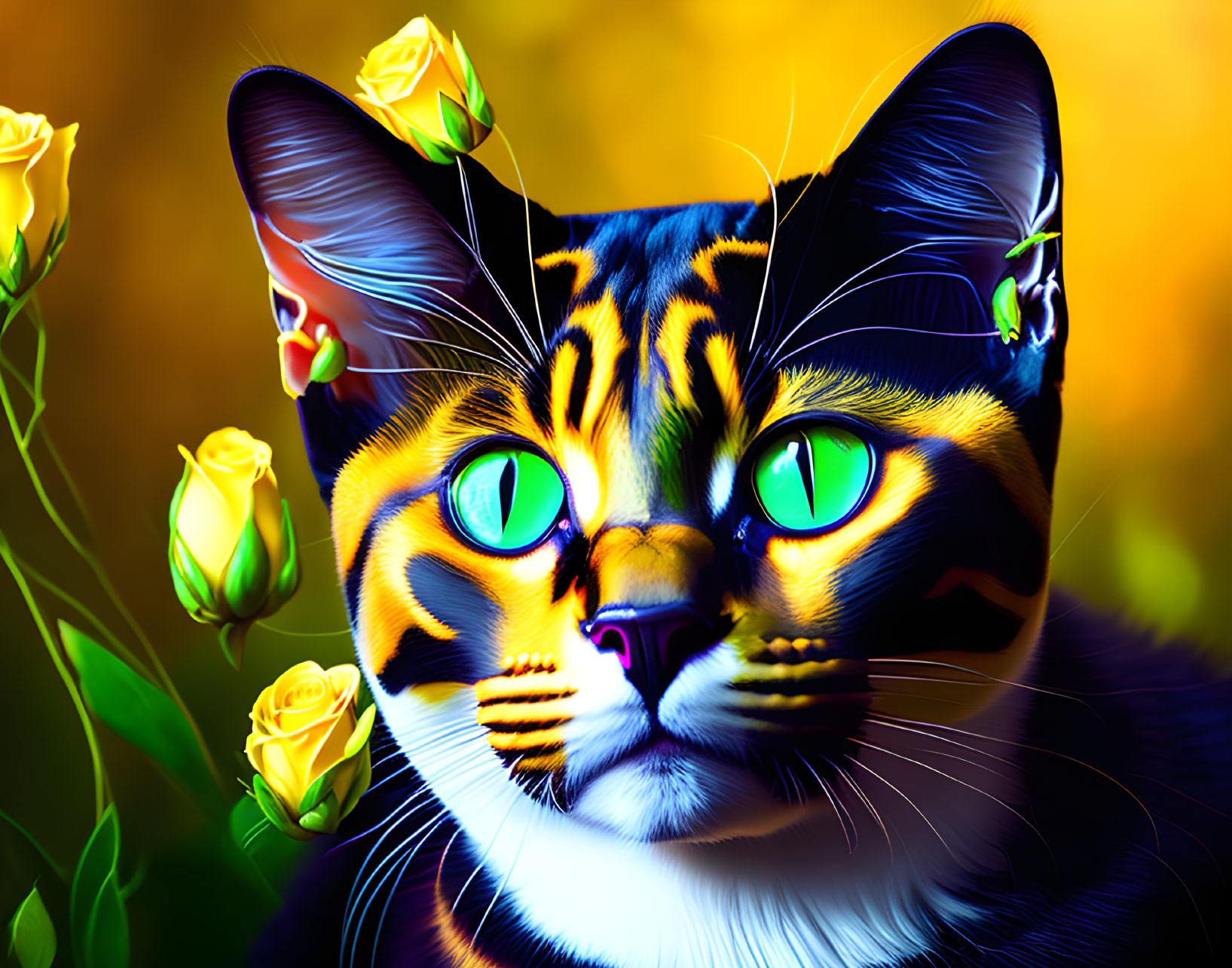 Colorful Cat Artwork with Green-Eyed Cat and Yellow Roses
