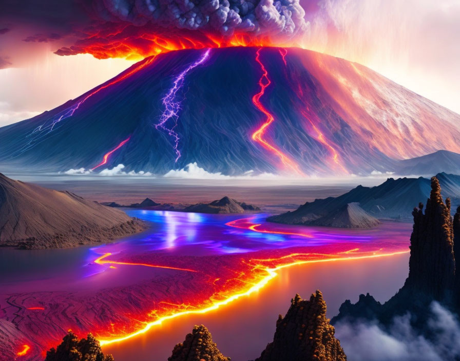 Dramatic volcanic eruption with lightning and flowing lava over purple and blue lake