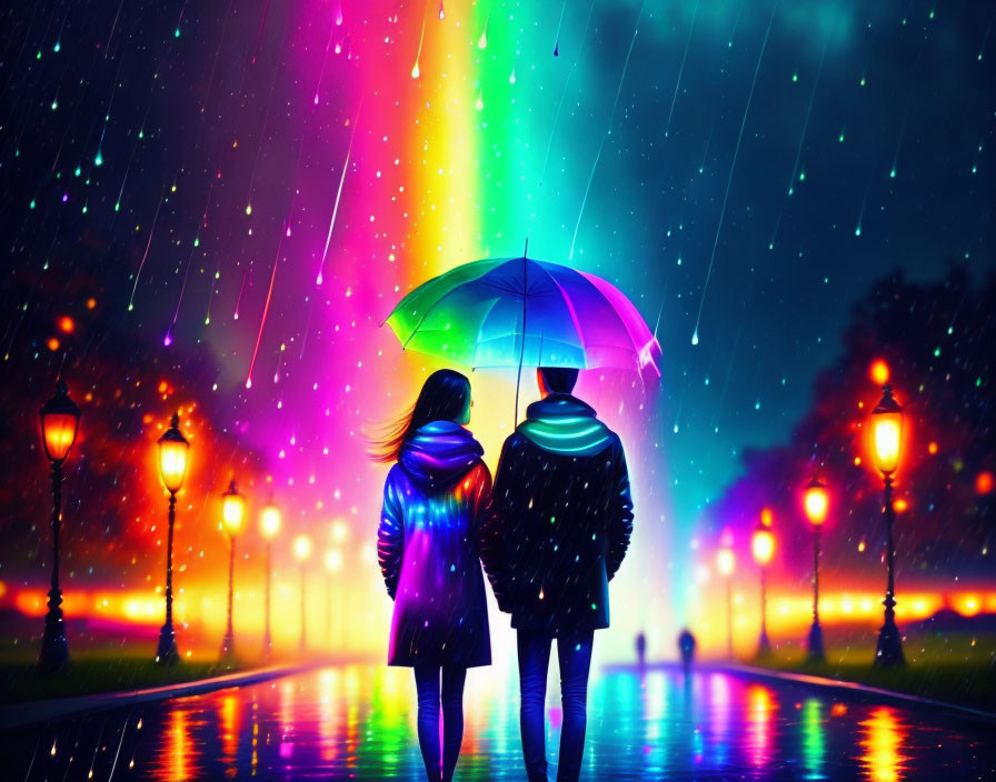 Couple walking under colorful umbrella in vibrant aurora-lit sky