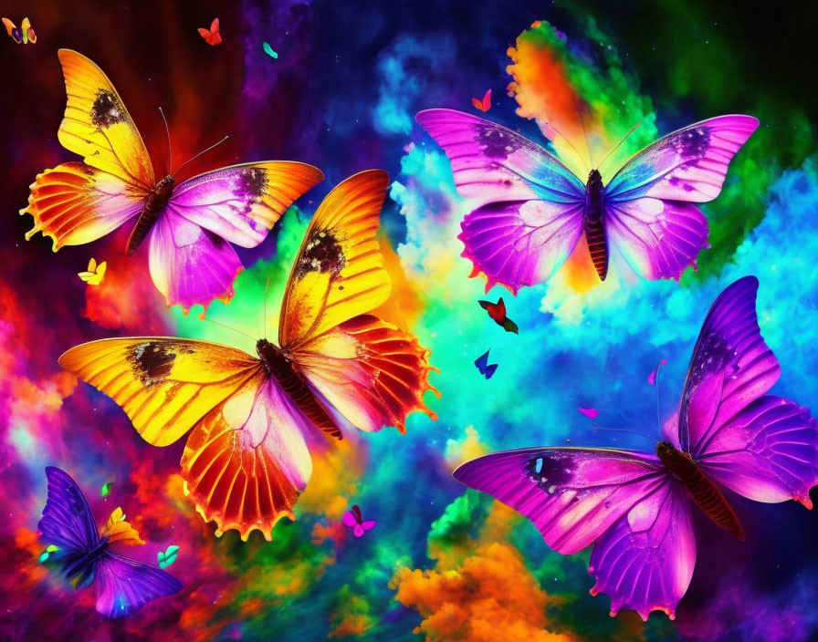 Colorful Butterflies in Cosmic Nebula Background