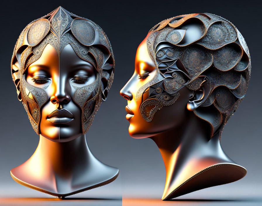 Female figure with intricate metallic headpiece in 3D rendering