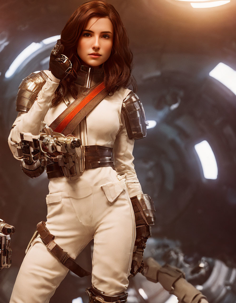 Futuristic woman in white space suit with silver armor raising hand to helmet