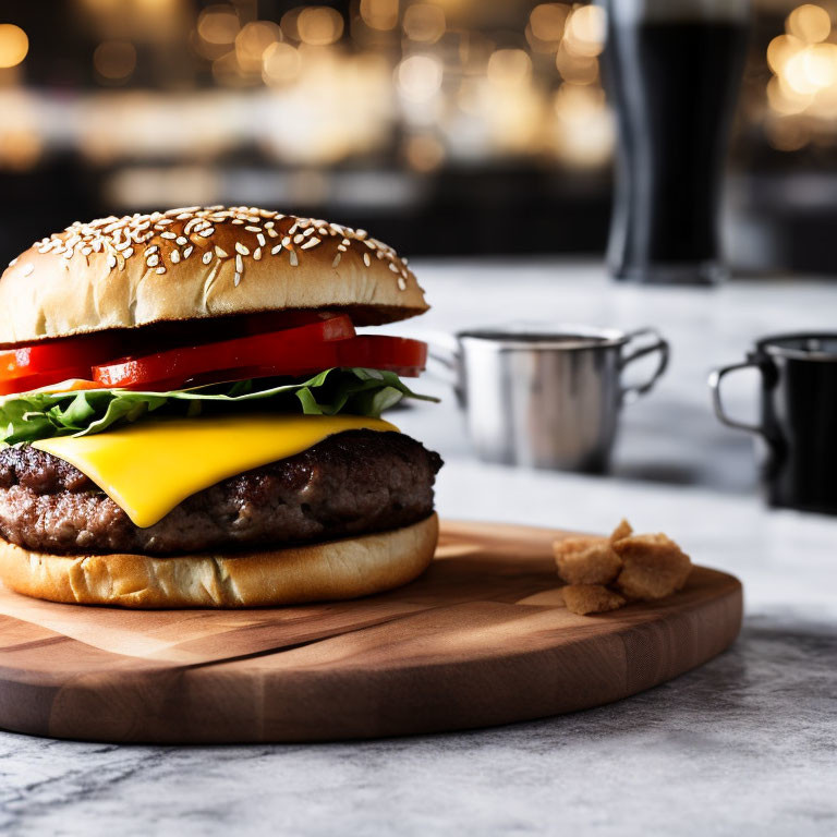 Cheeseburger with lettuce and tomato on sesame bun, wooden board, dark drink in background