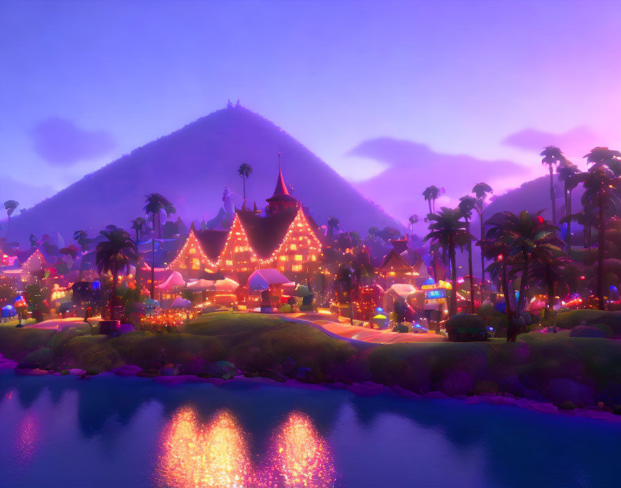 Tropical town at dusk: illuminated buildings, palm trees, mountain, calm water
